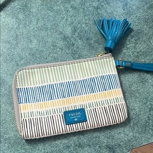 Like New Fossil Cow hide Leather Stripes Wristlet w Ultramarine Strap & Tassel